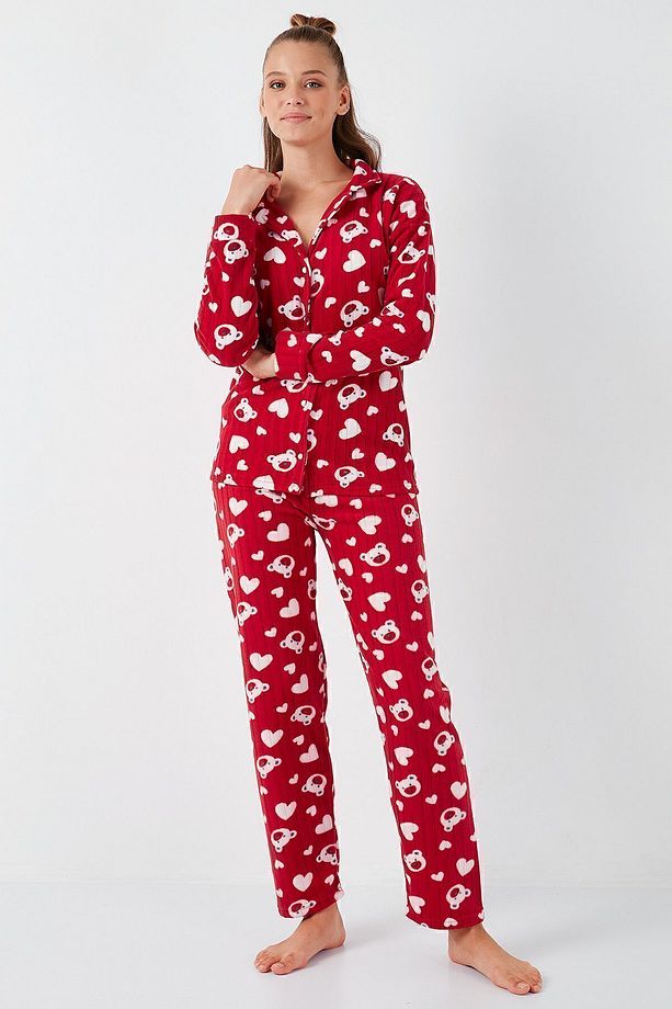 Standart Fit Düğmeli Polarlı Pijama Takımı  PİJAMA TAKIMI 6095617 - 4
