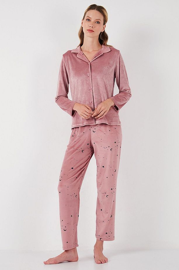 Regular Fit Desenli Parlak Kadife Pijama Takımı  PİJAMA TAKIMI 65713311 - 5