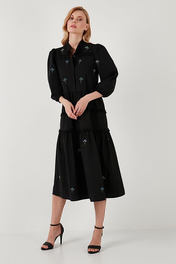 Regular Fit Truvakar Kollu Midi Dokuma Elbise  ELBİSE 611EL0882 - 4