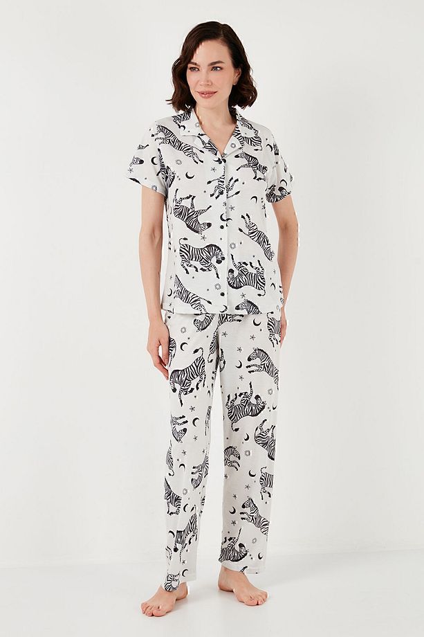 Desenli Kısa Kollu Beli Lastikli Gömlek Yaka Dokuma Regular Fit Pijama Takımı Pijama Takı - 8