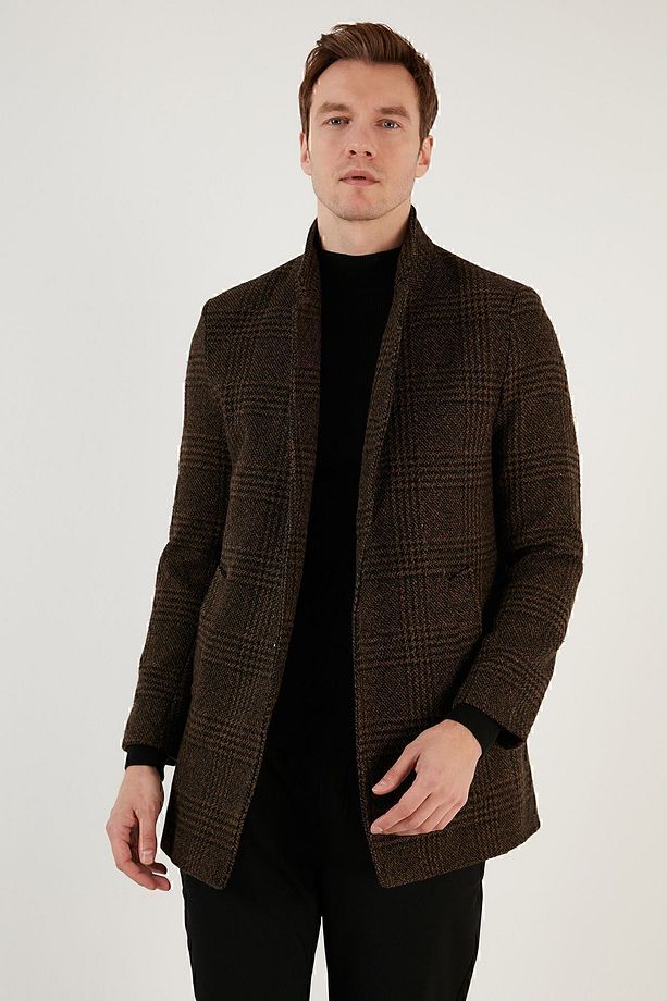 Slim Fit Tek Yırtmaçlı Düğmeli Astarlı Kaşe Kaban Erkek Kaban 5840110e - 1