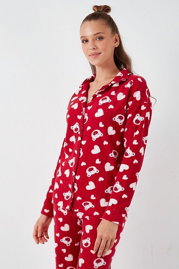 Standart Fit Düğmeli Polarlı Pijama Takımı  PİJAMA TAKIMI 6095617 - 6