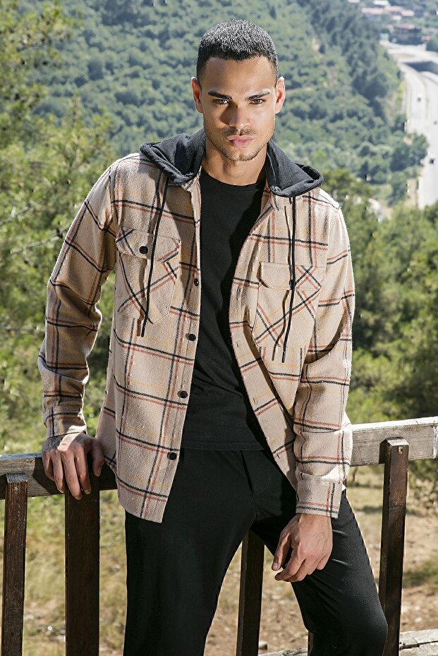 Plaid Regular Fit Removable Hooded Winter Shirt Men's SHIRT CF24W126985