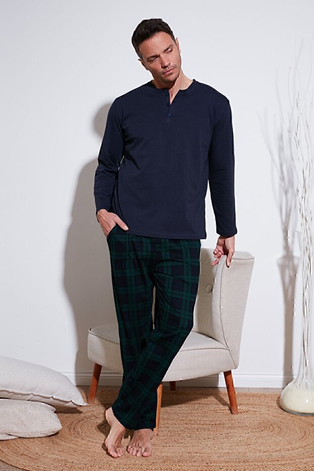 Plaid Cotton Elastic Waist Regular Fit Long Sleeve Pajama Set Men's Pajama Set 65720
