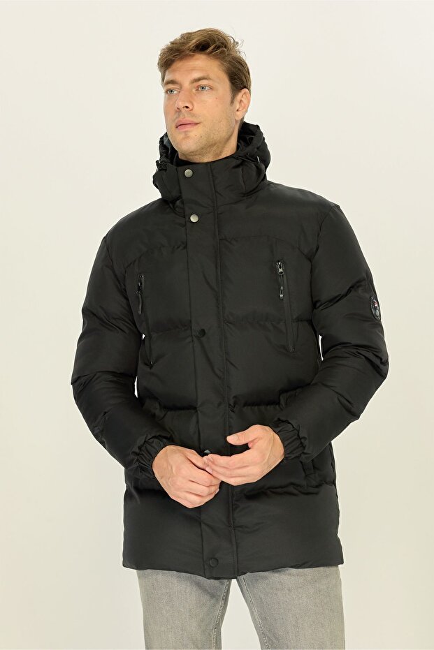 Men's Black Hooded Down-Filled Long Winter Windproof Coat Parka Jacket