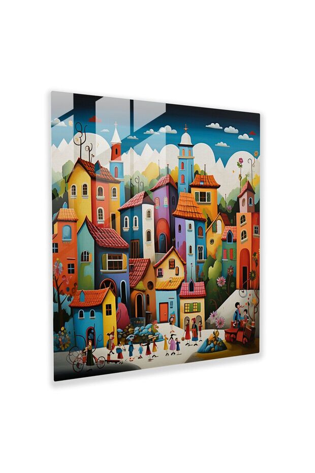 Glass Painting - Lively Pop Art Village - Village, Modern Art, Pop Art Inspired, Dynamic
