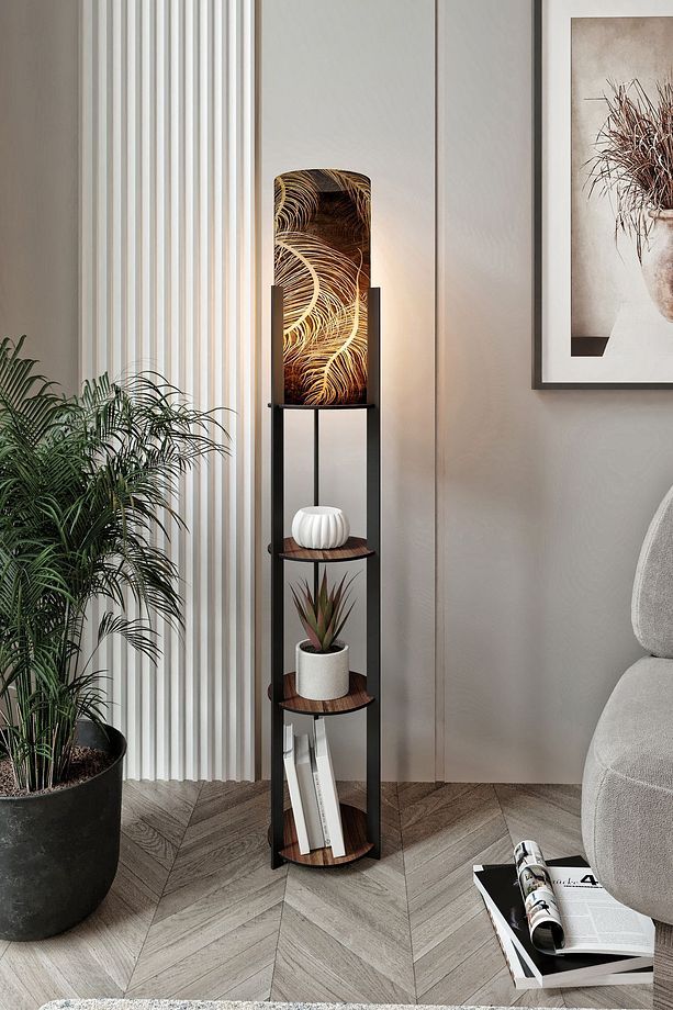 Dora Ahşap Yuvarlak Raflı Leaf Modern Dekoratif Lambader - 1