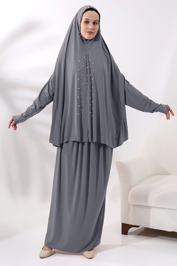 Two Piece Pearl Stone Bottom Top Practical Prayer Dress 8017 Gray