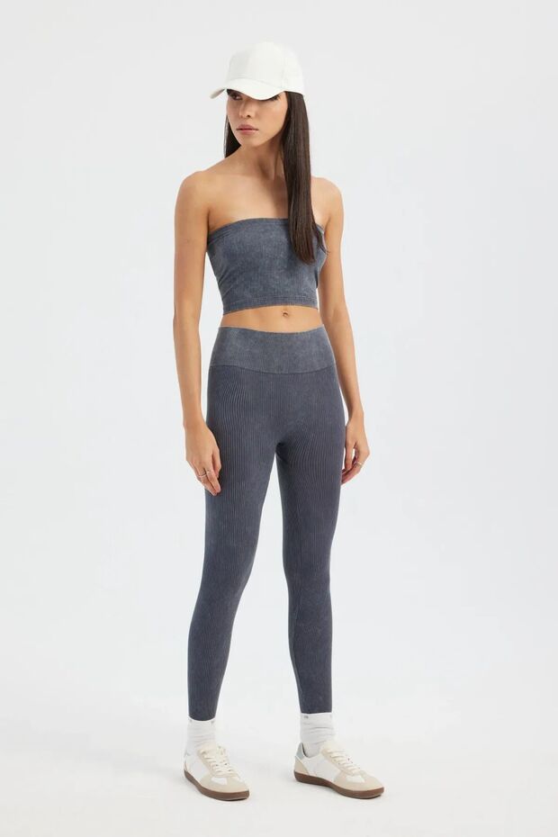 Asit Yıkama Straplez Fitilli Crop Top - 3