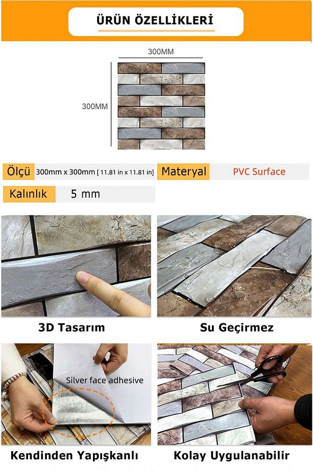 10Adet 30X30cm 3D Kendinden Yapışkanlı Duvar Kaplama Su Geçirmez Dekorasyon Mutfak Banyo - 4