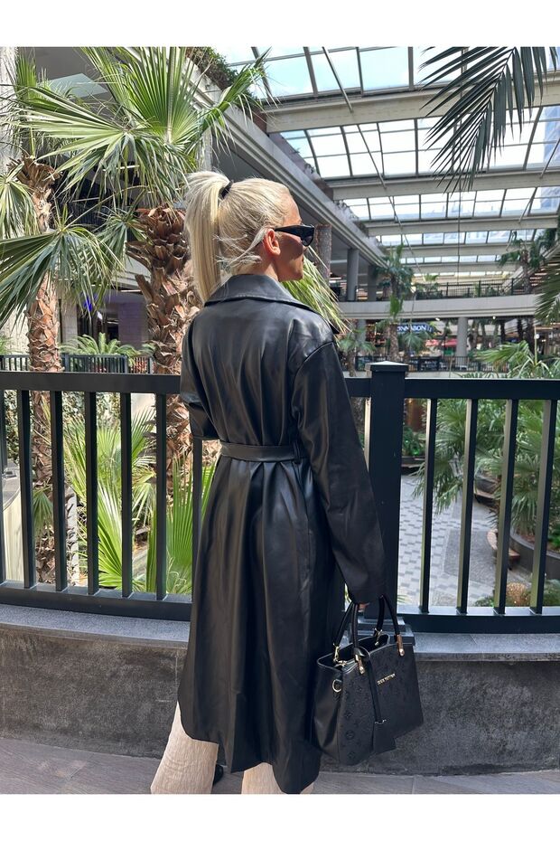 Siyah deri trençkot - 3