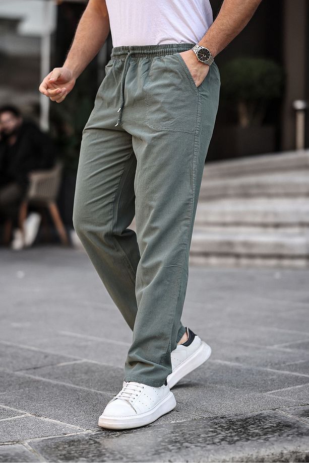Haki Renk Erkek Yazlık Keten Karışımı Relaxed Pantolon - HAKİ - 1