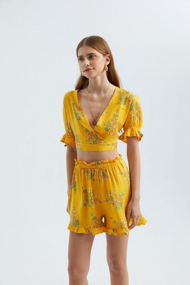 Çiçekli Surplice Yaka Kısa Kollu Crop Top - 3