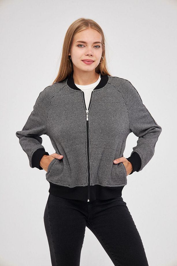 Kadın Jakarlı Kumaş  Reglan Kol Bomber Fermuarlı Ceket - 1