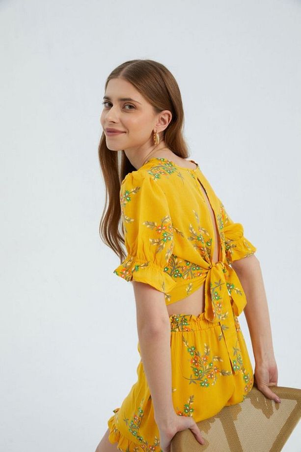 Çiçekli Surplice Yaka Kısa Kollu Crop Top - 1