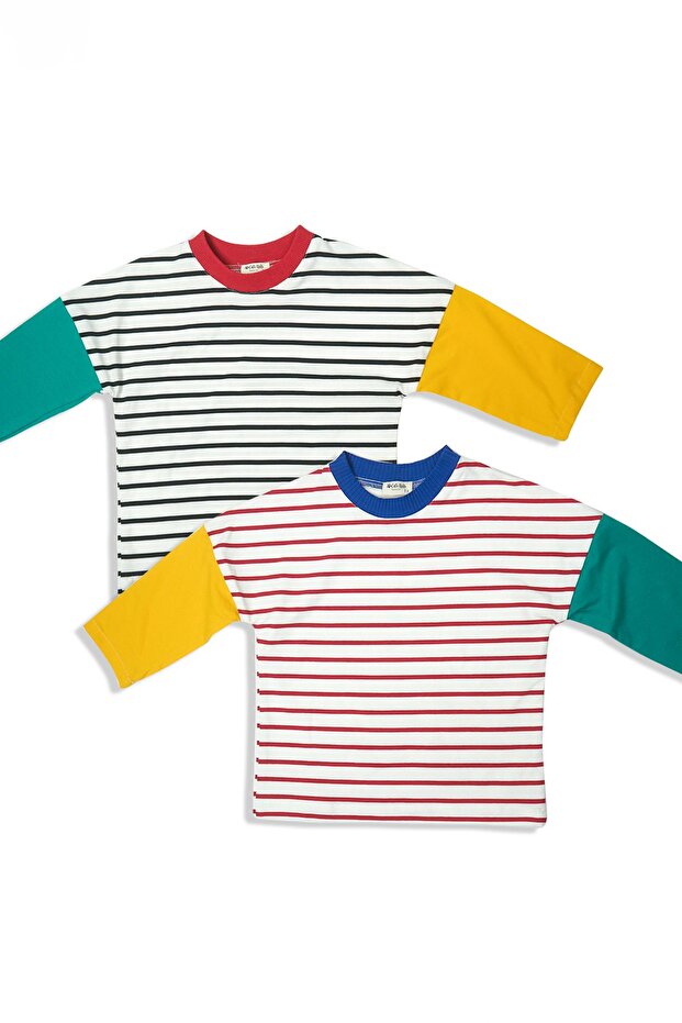 Double Combed Cotton Long Sleeve Sweatshirt (Red and White - Black and White Stripes)