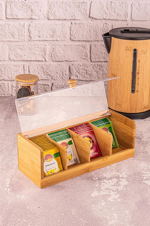 Bambu Çay Kutusu 4 Bölmeli Kapaklı Bitki Çayı Saklama Kabı - 2