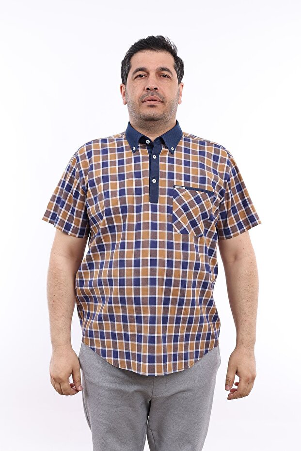Men's Large Size Navy Blue-Brown Plaid Lycra Shirt with Half Placket KK-8039-TSS