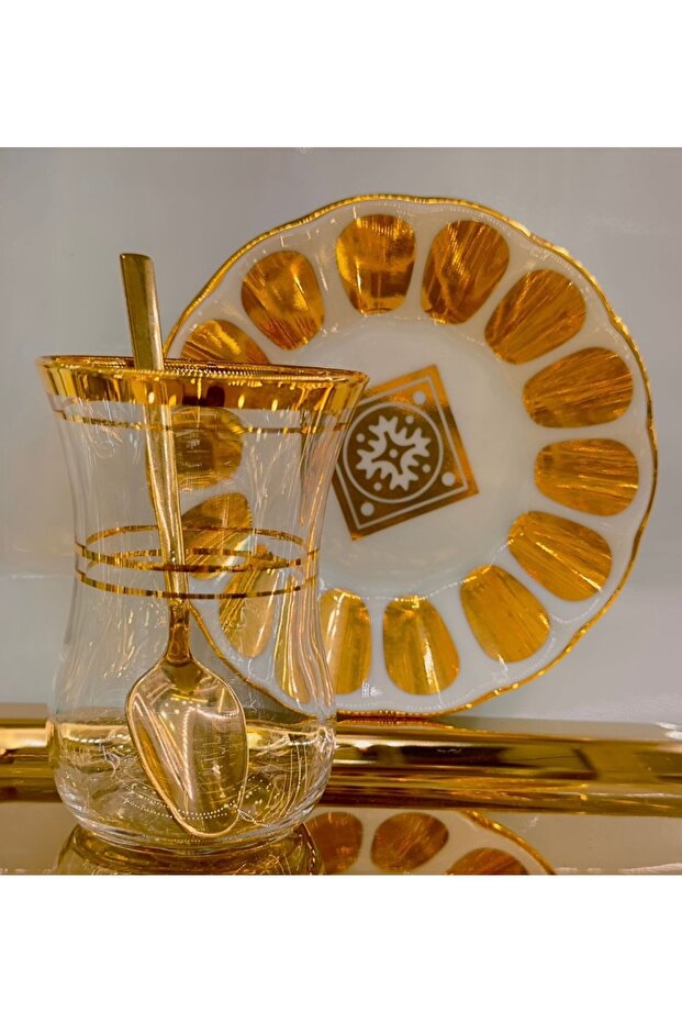 Gold Gilded 6-Piece Tea Cup Set with Gold Spoons