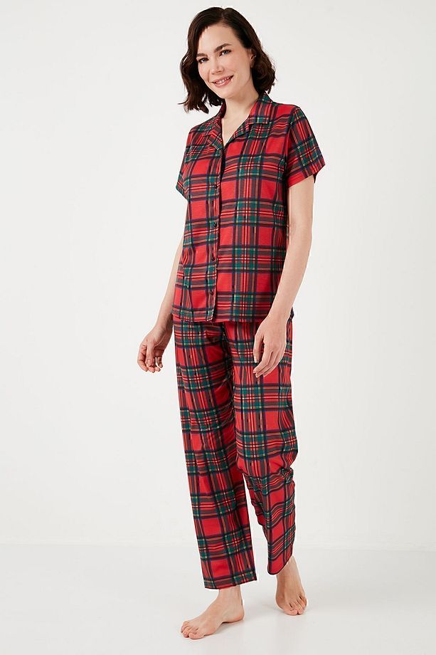 Desenli Kısa Kollu Beli Lastikli Gömlek Yaka Dokuma Regular Fit Pijama Takımı Pijama Takı - 7