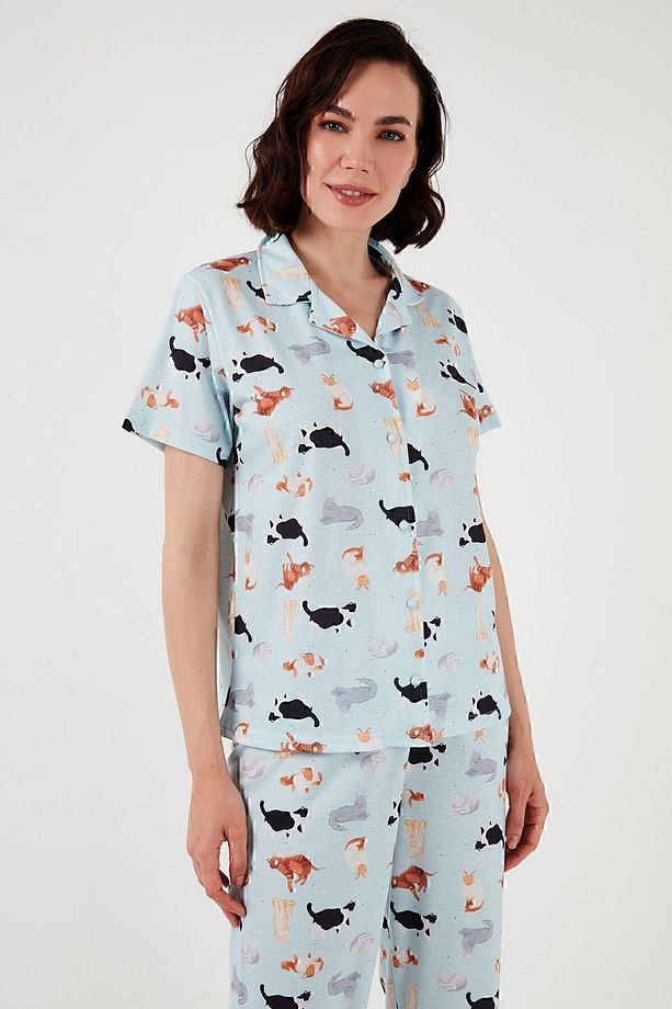 Desenli Kısa Kollu Beli Lastikli Gömlek Yaka Dokuma Regular Fit Pijama Takımı Pijama Takı - 4