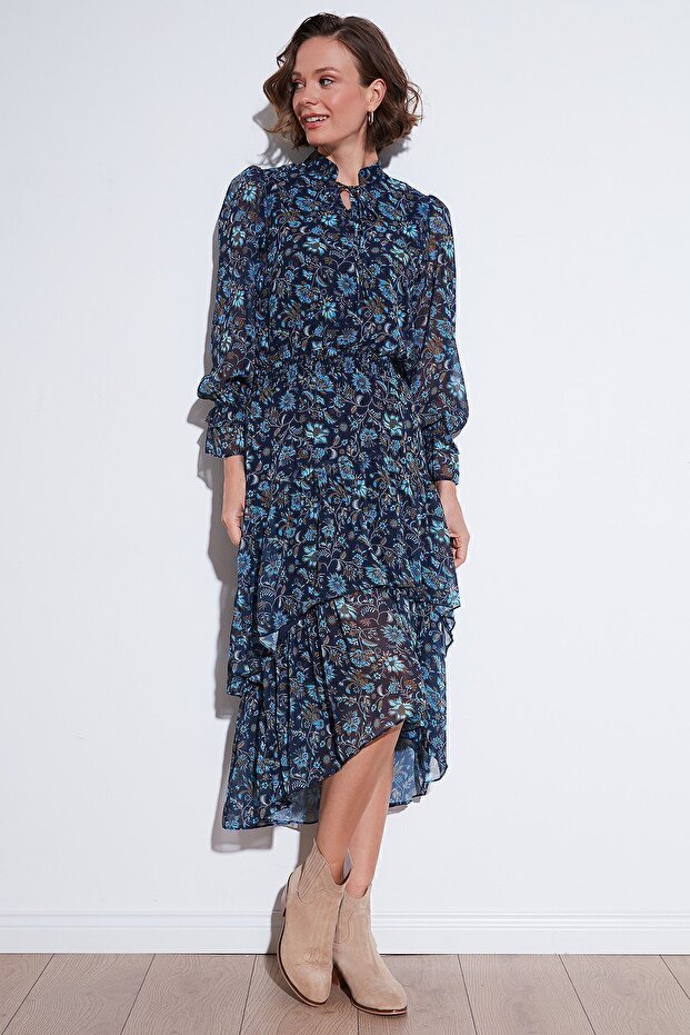 Regular Fit Boyundan Bağlamalı Volanlı Şifon Midi Elbise  ELBİSE 611EL1450 - 1