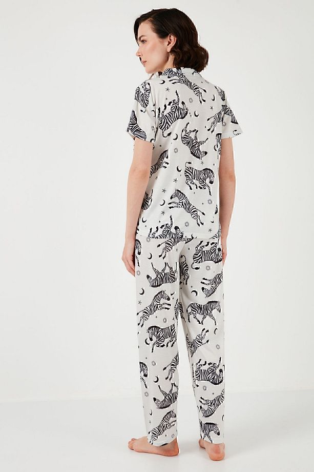 Desenli Kısa Kollu Beli Lastikli Gömlek Yaka Dokuma Regular Fit Pijama Takımı Pijama Takı - 6