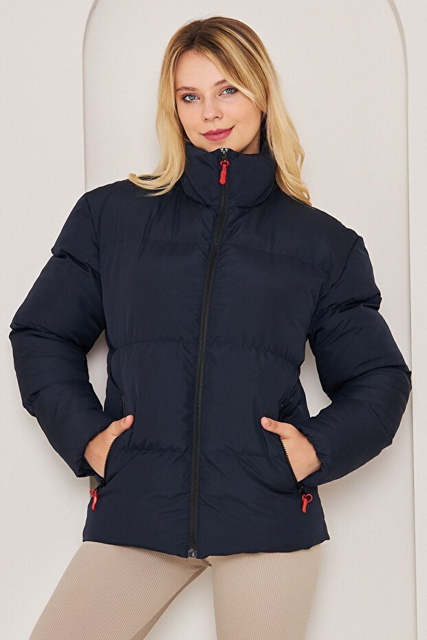 Women's Navy Blue Fiber Windproof Puffer Winter Jacket