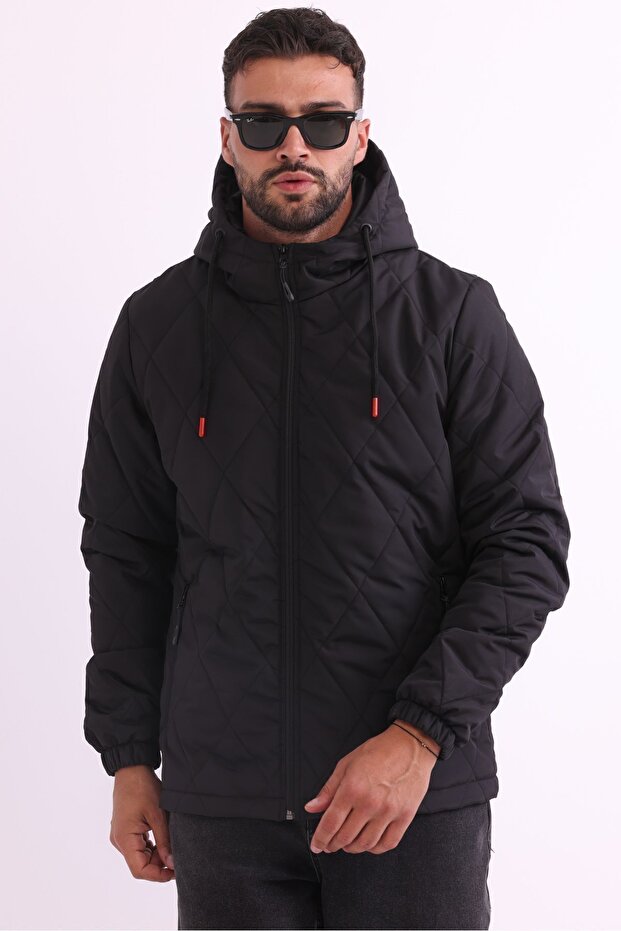 Men's Black Lined Windproof Hooded Jacket - 1