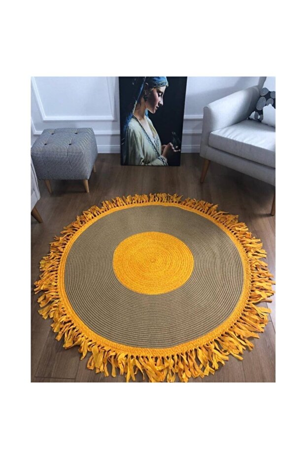 Milda Jüt Hasırlı El Örgüsü Kilim 23 Yuvarlak Sarı - 1