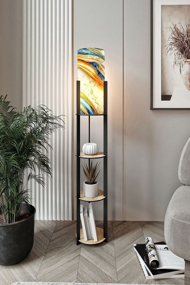 Dora Meşe Yuvarlak Raflı Rainbow Modern Dekoratif Lambader - 1