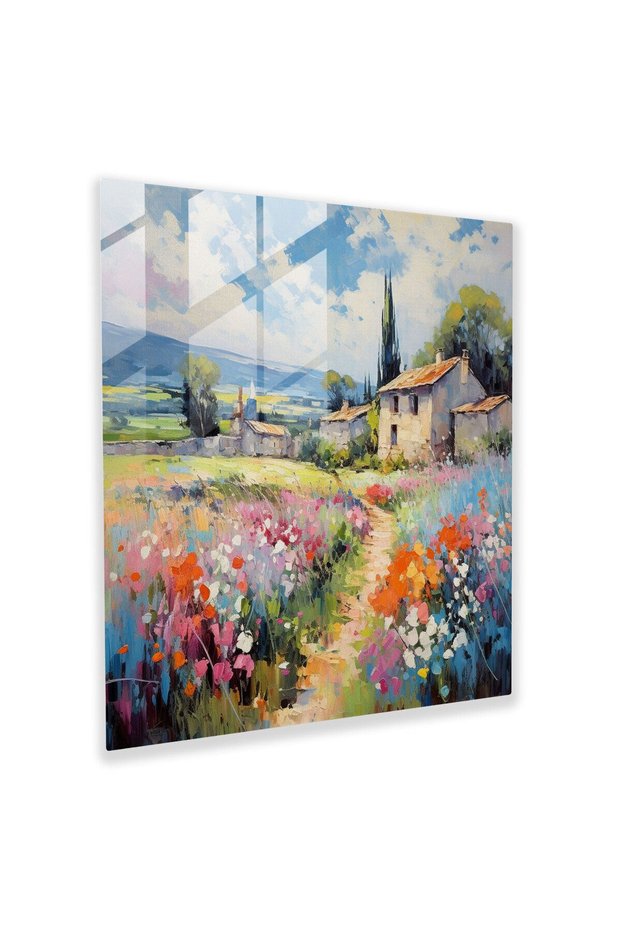 Blooming Village Landscape Glass Painting - Village, Modern Art, Glass Art, Wall Decoration