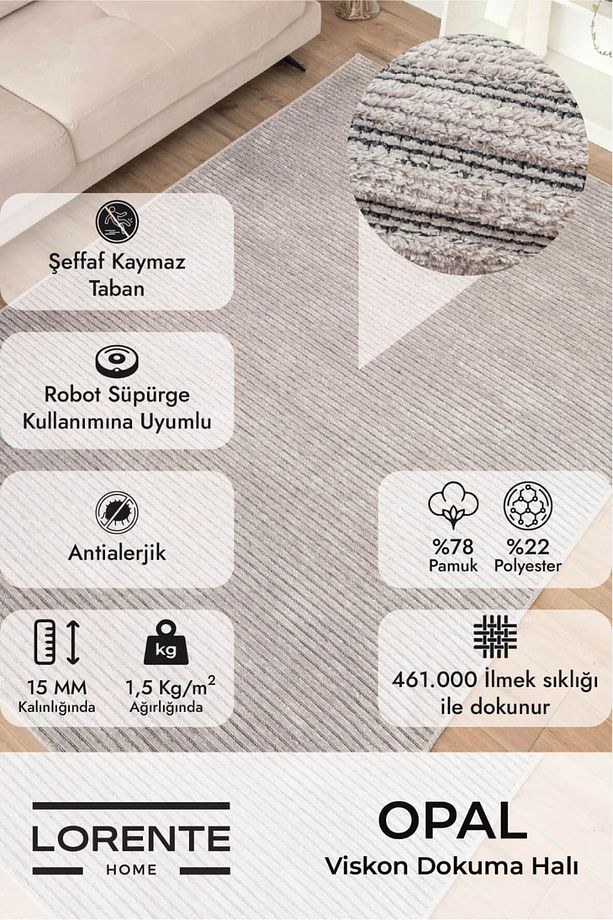 Opal Viskon Dokuma Halı Havlı Peluş Post Kaymaz Taban Yıkanabilir Siyah Salon Halısı 1652 - 8