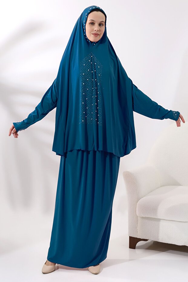 Two Piece Pearl Stone Detailed Bottom Top Practical Prayer Dress 8017 Petrol