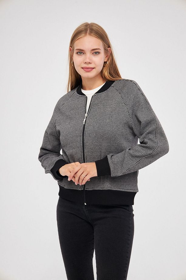 Kadın Jakarlı Kumaş  Reglan Kol Bomber Fermuarlı Ceket - 5