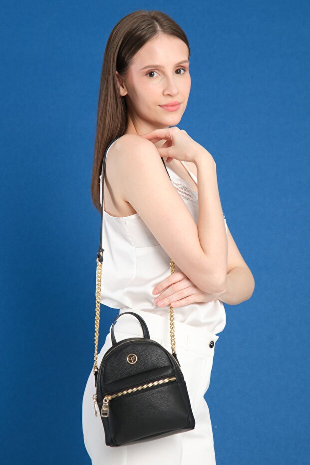 Merida Small Size Women's Black Shoulder Bag with Strap, Zipper Compartment and Card Holder