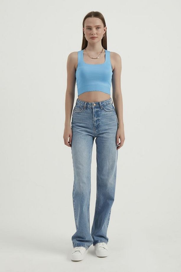 Kare Yaka Kolsuz Basic Dokuma Crop Top - 3