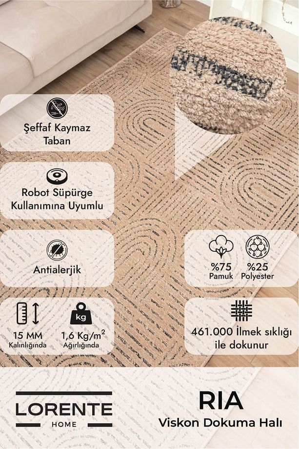 Ria Viskon Dokuma Halı Bukle Havlı Post Kaymaz Taban Yıkanabilir Bej Mutfak Halısı 1542 - 9