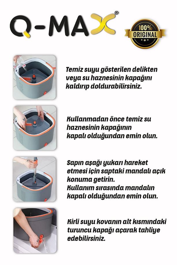 Kirli İle Temiz Suyu Ayıran Kare Döner Başlıklı Yedek+2 Mikrofiber Mop Bez Hediyeli Vilada Kova Seti - 5