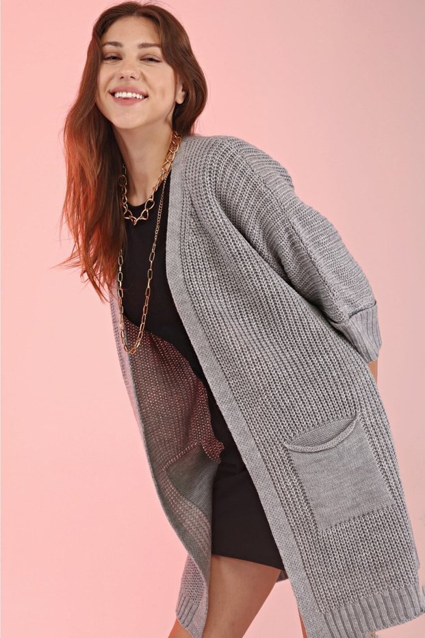 Oversize Women's Gray Long Pocket Knitwear Cardigan