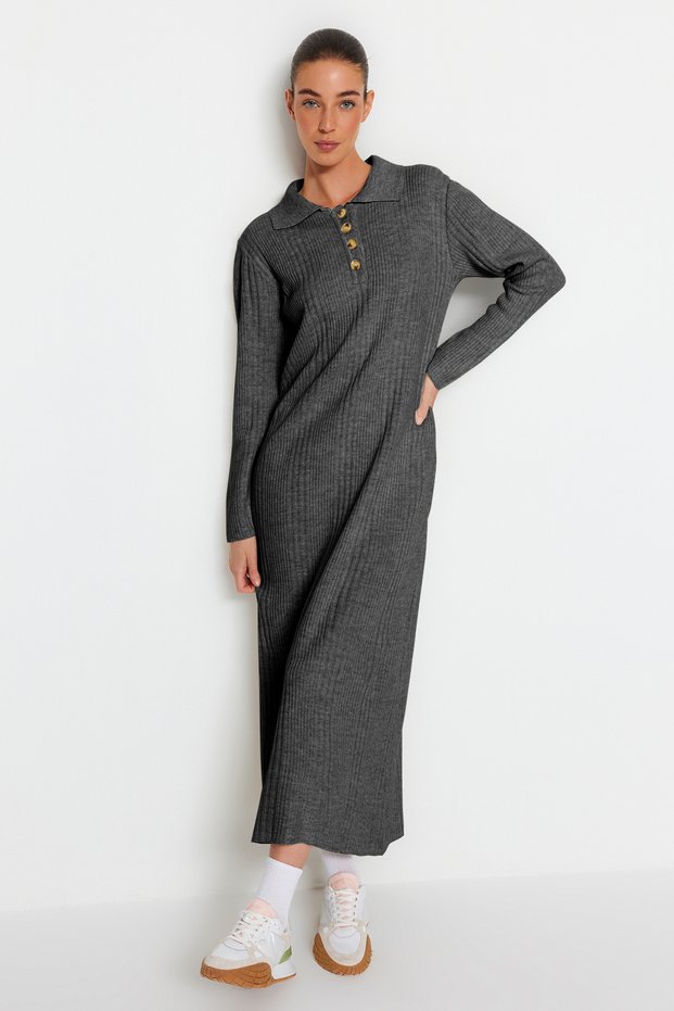 Anthracite Polo Neck Buttoned Comfortable Fit Rib Knitwear Dress Tctaw24Eb00025