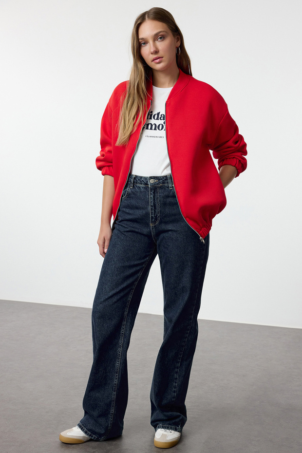 Kırmızı Fermuarlı Oversize/Geniş Kalıp Kalın İçi Polarlı Örme Sweatshirt TWOAW25SW00122 - 1