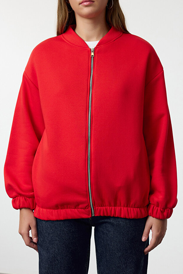 Kırmızı Fermuarlı Oversize/Geniş Kalıp Kalın İçi Polarlı Örme Sweatshirt TWOAW25SW00122 - 4