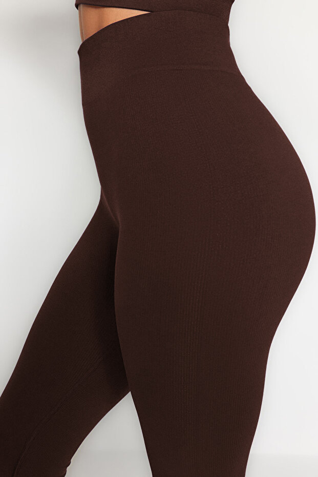 Koyu Kahverengi Seamless/Dikişsiz Tam Boy Örme Spor Tayt TWOAW20TA0071 - 4