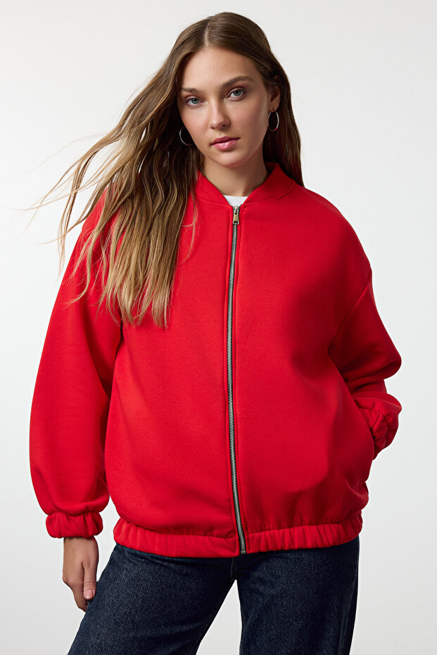 Kırmızı Fermuarlı Oversize/Geniş Kalıp Kalın İçi Polarlı Örme Sweatshirt TWOAW25SW00122 - 2
