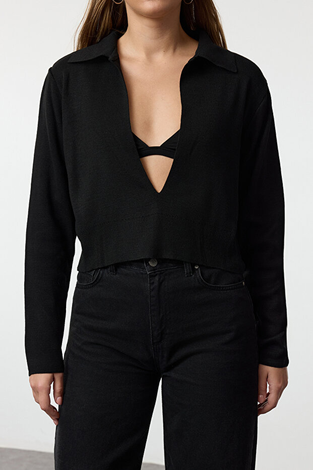 Siyah Crop Polo Yaka İnce Triko Kazak TWOAW25KZ00041 - 4