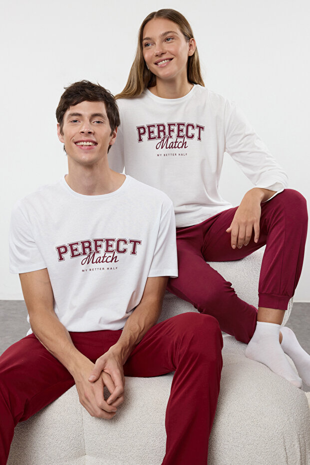 Ekru - Bordo Regular Fit Örme Couple/Çift %100 Pamuklu Pijama Takımı TMNAW25PT00047 - 1