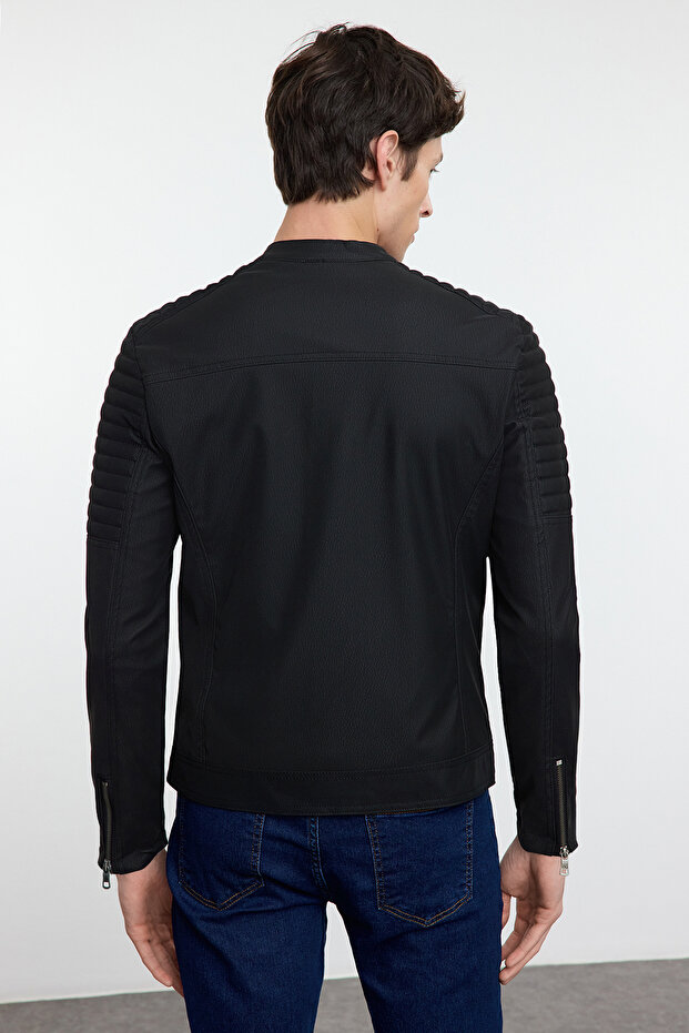 Siyah Slim Fit Fermuar Detaylı Deri Kışlık Rüzgara ve Suya Dayanıklı Biker Ceket Mont TMNAW25MO00046 - 6