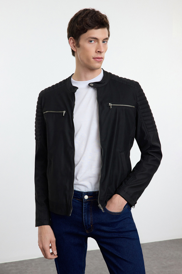 Siyah Slim Fit Fermuar Detaylı Deri Kışlık Rüzgara ve Suya Dayanıklı Biker Ceket Mont TMNAW25MO00046 - 2