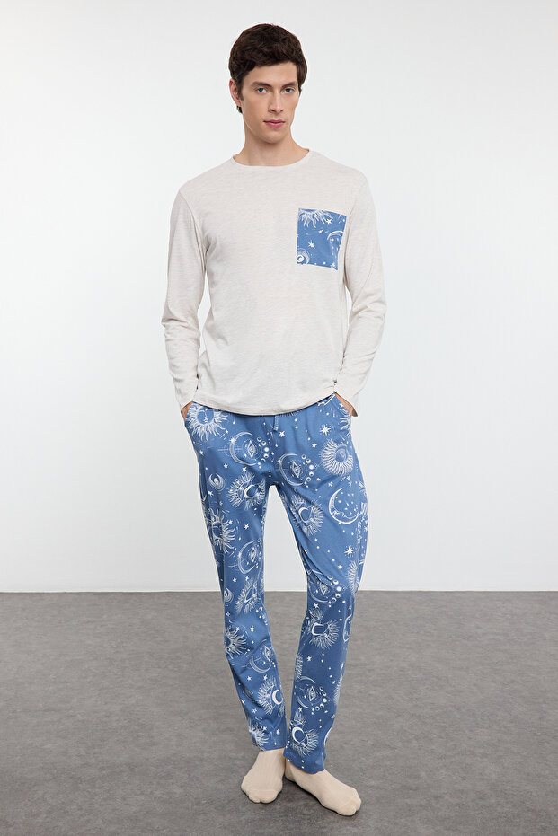 Gri - Mavi Regular Fit Couple/Çift Örme Erkek Pijama Takımı TMNAW25PT00050 - 2